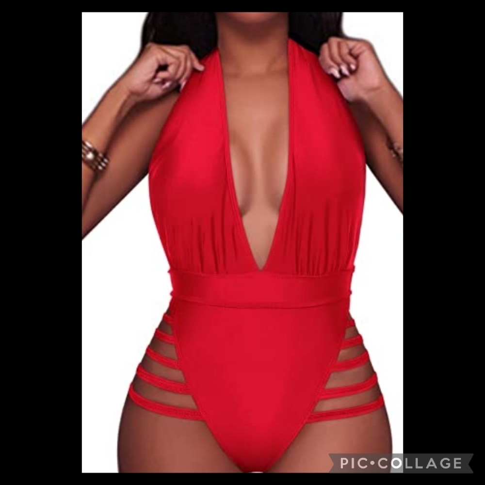 Elegant Red Halter One-Piece Swimsuit
